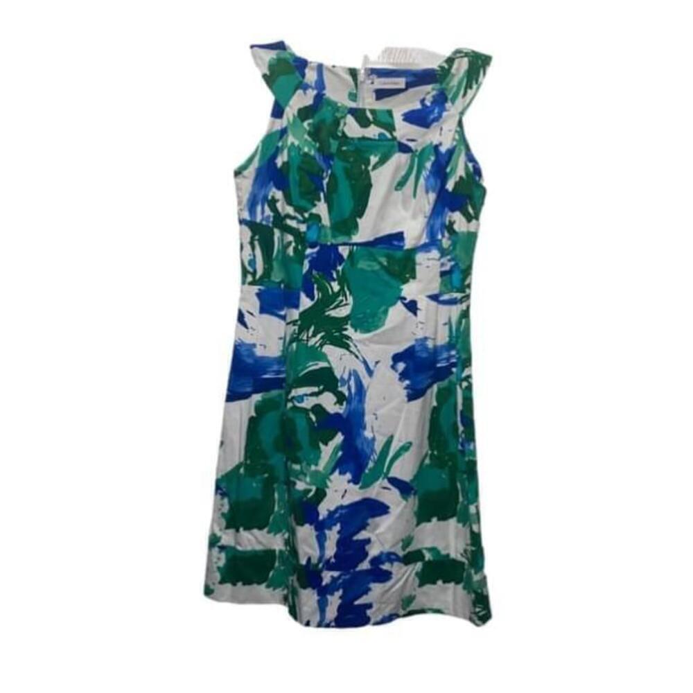 Calvin Klein Sleeveless Structured dress blue green tropical. Size 12 EUC